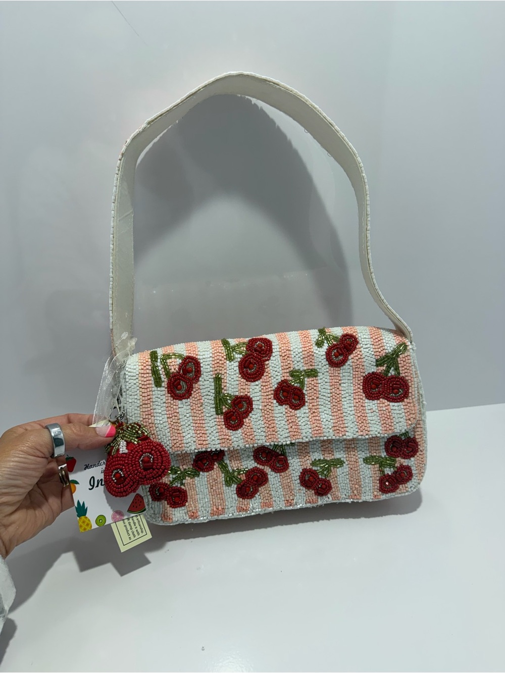 Viral Hand-Beaded Cherry Pattern Striped Shoulder Bag Made in India NWT